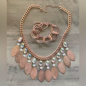 Women’s Rose Gold Metallic Crystal Bling Fashion Statement Necklace & Bracelet